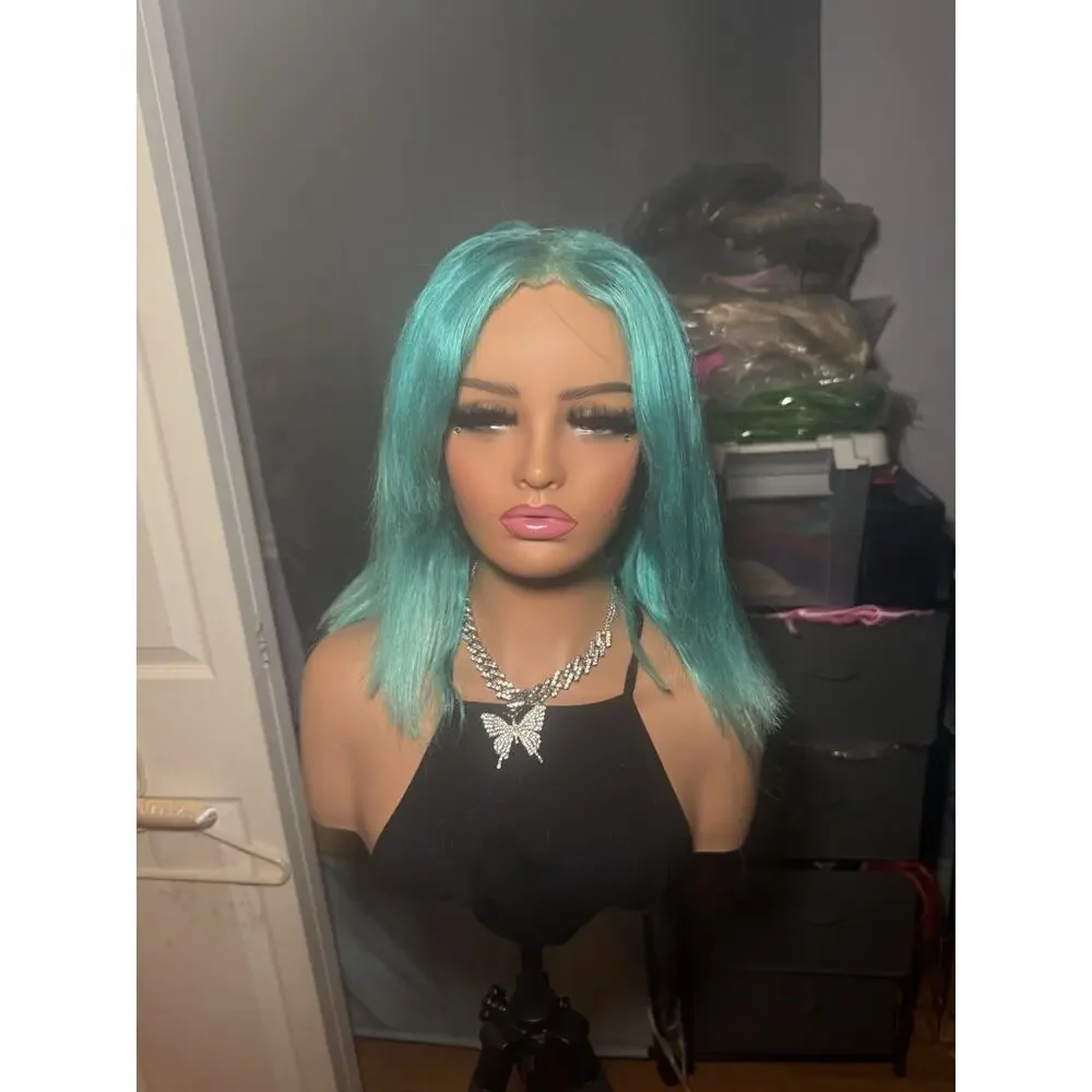 Human Hair Wig 13x4 Lace Front Aqua Blue Bob